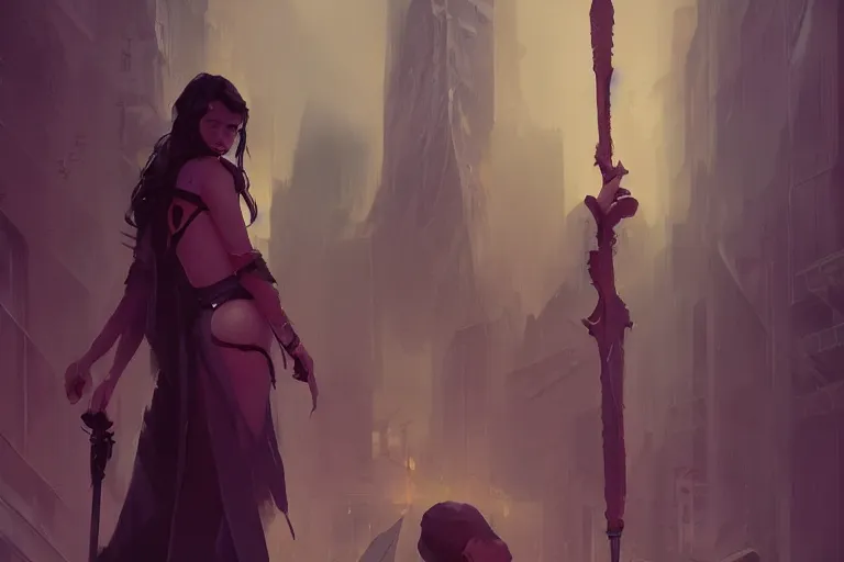 Image similar to seductive goddes holding a grim reapers tool in a modern city in the style of Durand and greg rutkowski, beautiful, geometric, trending on artstation, cinematic
