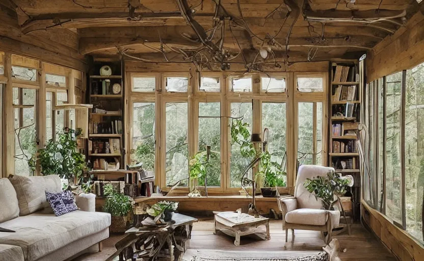 Prompt: cottage living room interior, sunny, natural materials, rustic wood, window sill with plants, vines on the walls, dried herbs under the ceiling, the witch cauldron on the tigel, bookshelves, design