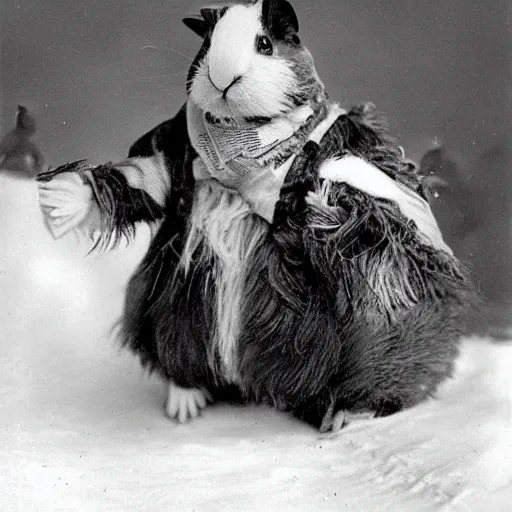 Image similar to a guinea pig dressed as a polar explorer, 1 8 0 0 s photograph