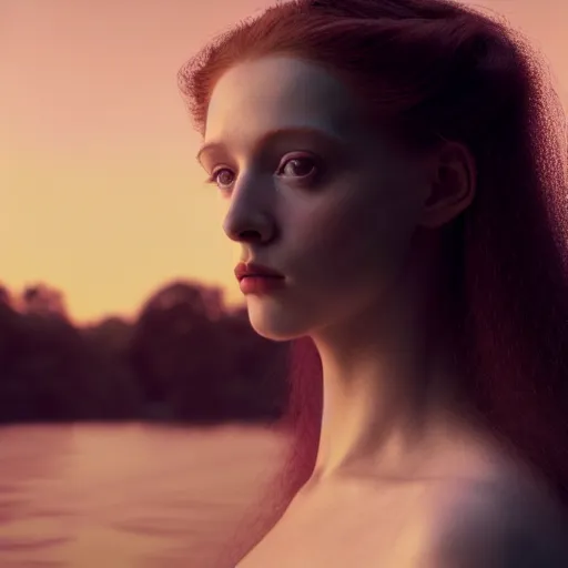 Image similar to photographic portrait of a stunningly beautiful english renaissance female in soft dreamy light at sunset, beside the river, soft focus, contemporary fashion shoot, in a denis villeneuve and tim burton movie, by edward robert hughes, annie leibovitz and steve mccurry, david lazar, jimmy nelsson, extremely detailed, breathtaking, hyperrealistic, perfect face, octane render