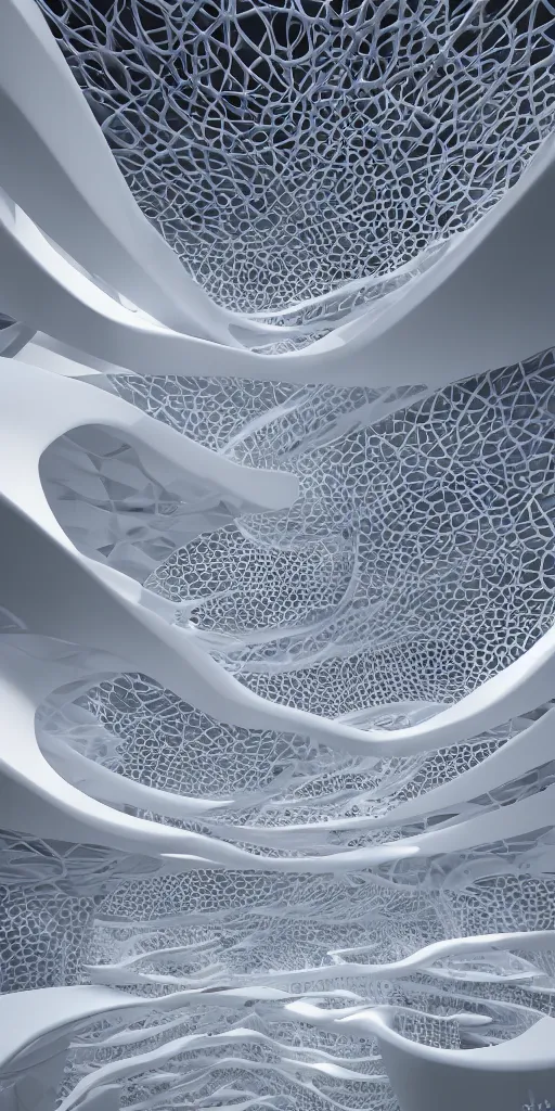 Image similar to white villa 3 d parametric architecture fluid design, vincent callebaut well - defined style, ultra detailed, hyperrealistic, monochromatic, natural volumetric lighting, generative art nebula, photo realistic, archviz, flow everywhere, black metal, magnesium, 8 k, unreal engine