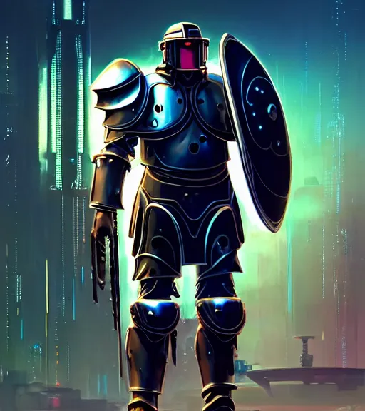 Image similar to a large cyberpunk paladin in rounded heavy plate armor with large shoulder pads and a spartan helmet and a very large circle shield he is holding a large spear in a cyberpunk setting, 1 9 2 9 omni magazine cover, style by vincent di fate, artgerm, cyberpunk 2 0 7 7, very coherent, detailed, 8 k resolution, unreal engine, daz