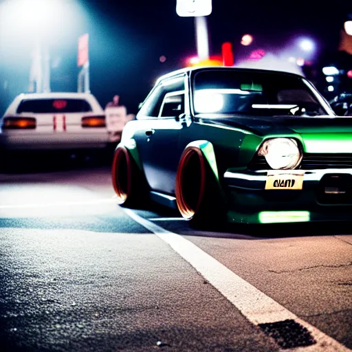 Image similar to a car S30 turbo drift at illegal car meet, shibuya prefecture, midnight mist streetlights, color grade, photorealistic, highly detailed wheels, highly detailed