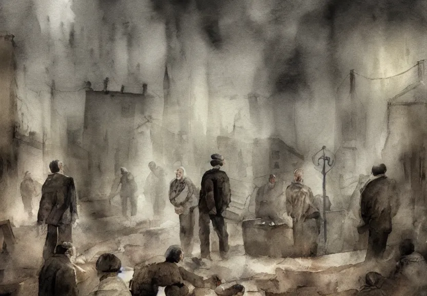 Prompt: jewish prisoners in auschwitz, dark fantasy, watercolor, dreaming illusion, highly detailed, 4 k, trending on artstation, award - winning