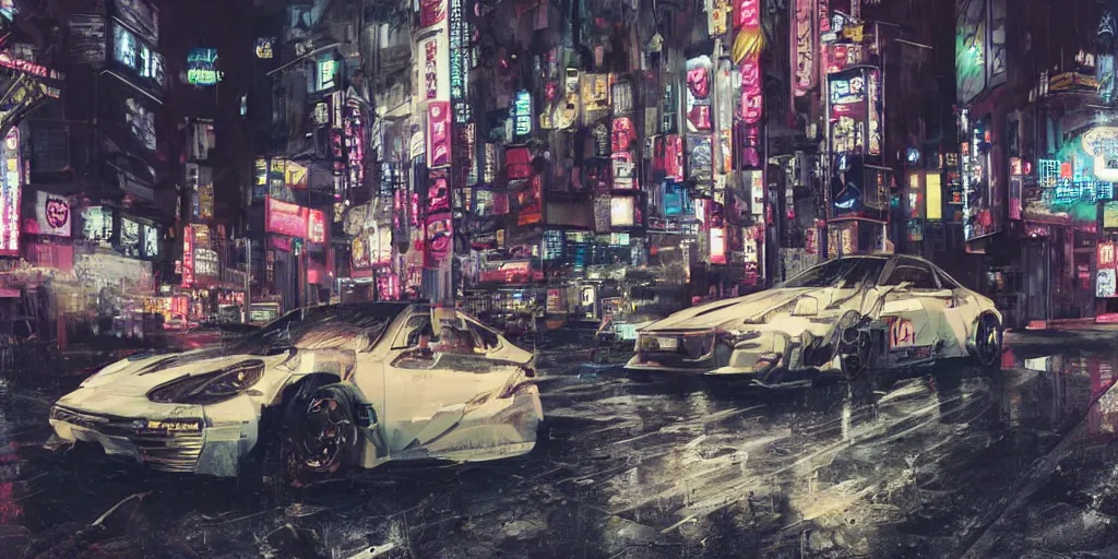 Image similar to tokyo porche 9 1 1 origami neon signs raining, cyberpunk, hyperrealistic, highly detailed, art station greg rutkowski