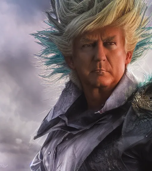 Image similar to award winning 5 5 mm close up portrait color photo of super saiyan trump, in a park by luis royo. fantasy horror style. soft light. sony a 7 r iv