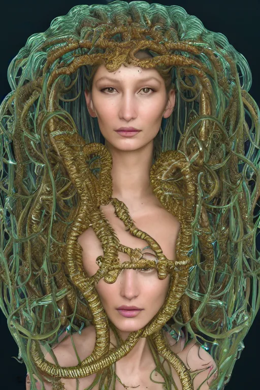 Prompt: a portrait of a beautiful ancient alien medusa gorgon woman goddess bella hadid standing in iris van herpen dress jewelery and fractals in style of alphonse mucha art nuvo dmt trending on artstation made in unreal engine 4