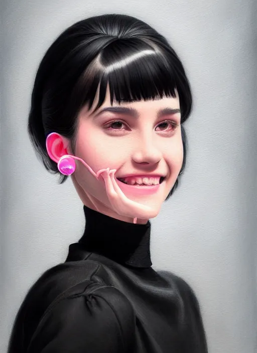 Image similar to portrait of high school girl, realistic, black hair, bangs, half updo hairstyle, pointy nose, skinny, smile, ugly, defined jawline, big chin, pink hair bow, earrings, intricate, elegant, glowing lights, highly detailed, digital painting, artstation, sharp focus, illustration, art by wlop, mars ravelo and greg rutkowski