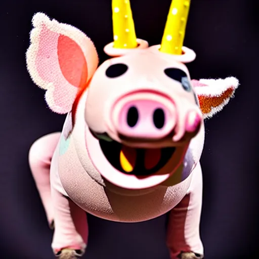 Image similar to studio photograph of a flying smiling pig with unicorn horn depicted as a muppet