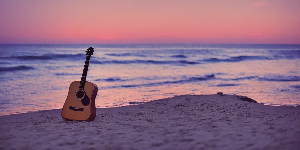 Image similar to kodak portra 400 photo of an acoustic guitar on the beach at sunset with a fire