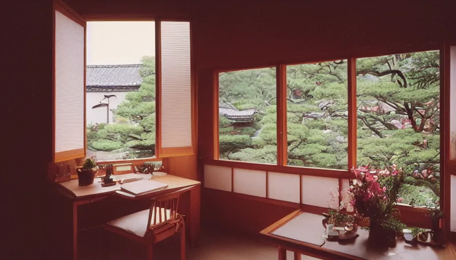 Image similar to 1 9 9 0 s candid 3 5 mm photo of a beautiful day in the a dreamy japanese flowery cottage designed by gucci, cinematic lighting, cinematic look, golden hour, a desk for flower arrangements and journaling has sun shinning on it through a window, temple in the distance, uhd