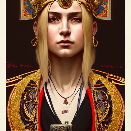 Image similar to a portrait of a female cop, upper half portrait, decorated with russian motifs, russian shaman, siberia, traditional russia, intricate, elegant, highly detailed, symmetry, headpiece, digital painting, artstation concept art smooth sharp focus, illustration, art by artgerm and greg rutkowski alphonse mucha 8 k