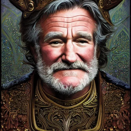 Image similar to an ultradetailed portrait of robin williams dressed as sheogorath, the elder scrolls, fantasy, intricate, elegant, highly detailed, digital painting, matte, sharp focus, illustration, art by john collier and albert aublet and krenz cushart and artem demura and alphonse mucha