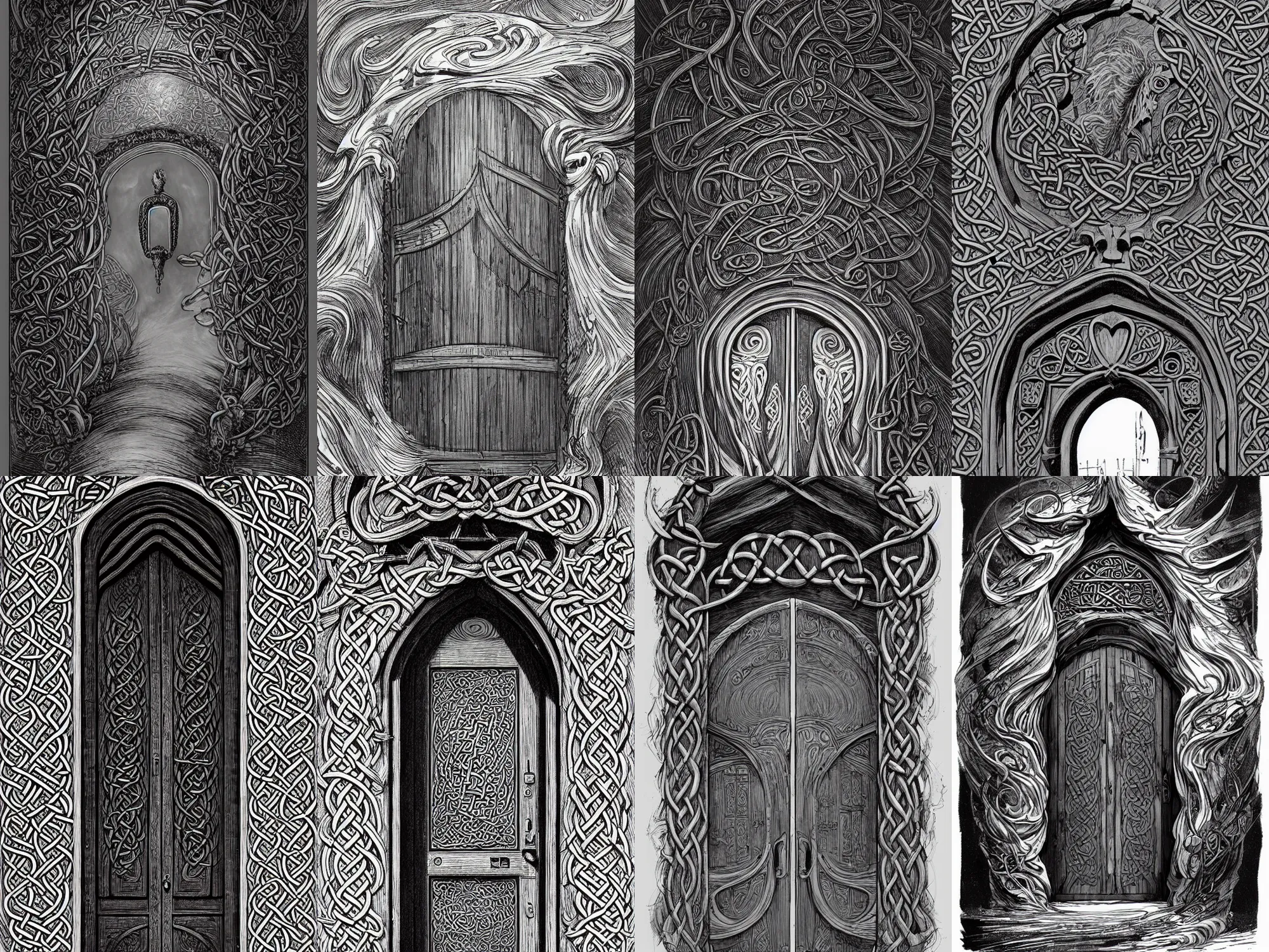 Prompt: an old celtic door, swirly clouds in the background, art by James Jean and Wayne Barlowe, high details , black and white ink, cinematic, cgsociety 8k