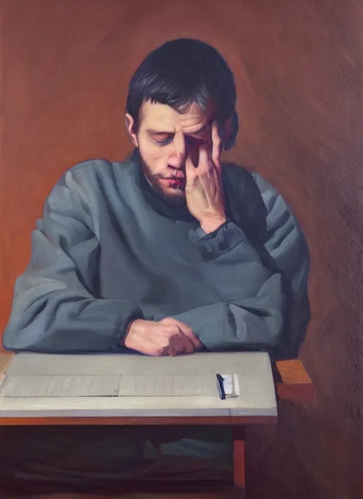 Prompt: portrait of a sleepy - looking programmer guy begging for forgiveness, oil on canvas, masterwork, fine detail, trending on artstation, emotive, insanely compelling, ryden, koons