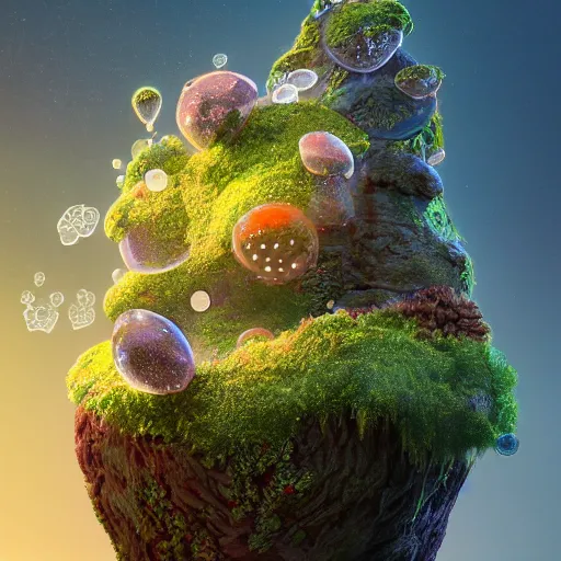 Prompt: tiny stone tower, expressive eyes, floating, rbc, radiolaria, protophyta, micro - organisms, center frame, symmetric, rim light, marine microbiology, bioluminescence, electric, fur, soft, concept art, intricate details, highly detailed, colorful, photorealistic, disney pixar, octane render, iridescent, anime