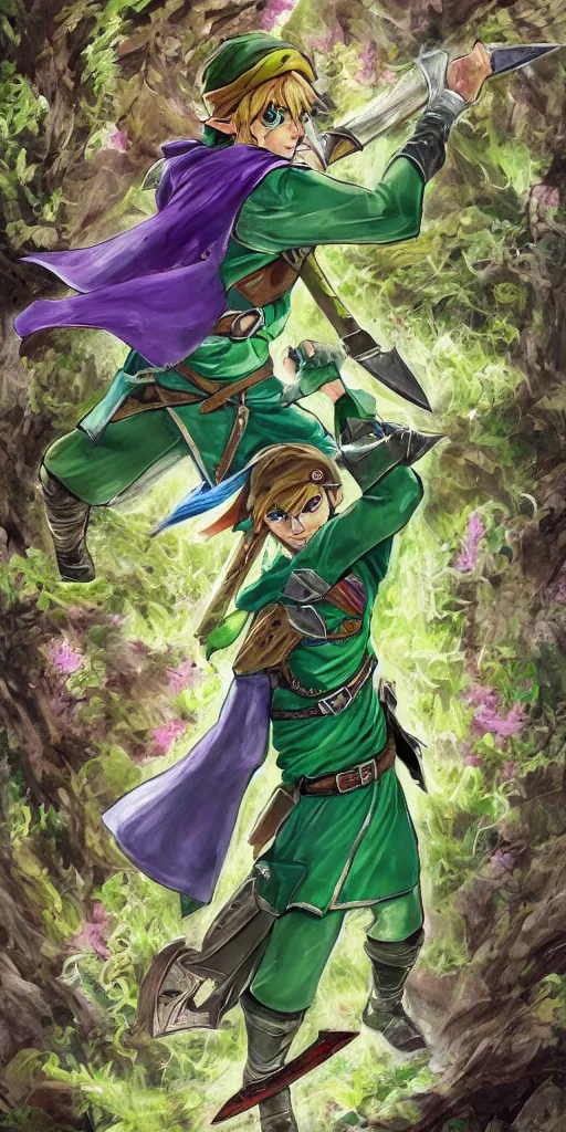 Image similar to link dressed in traditional green tunic and cap, holding the master sword and hylian shield in each hand, in dynamic fighting pose, clear detailed face with focused expression, mystical forest background, dark skies, green purple blue pink iridescent color scheme, intricately detailed, finely textured, cgsociety