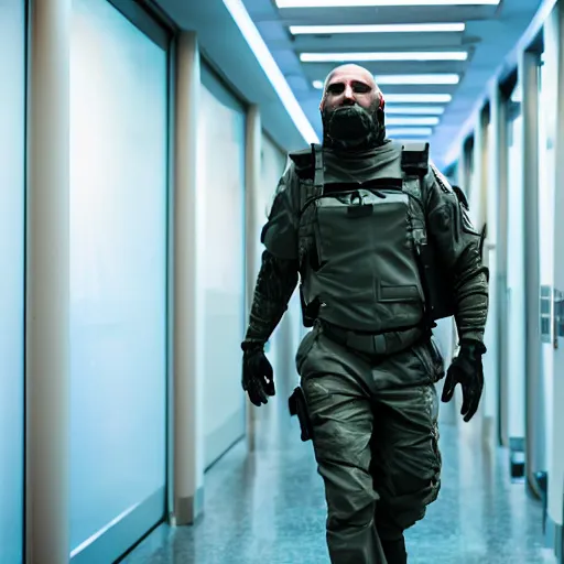 Prompt: shark man wearing a security uniform, walking in high-tech hallway , sci-fi, high resolution