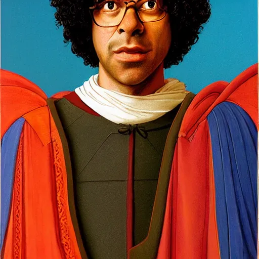 Prompt: portrait of Richard Ayoade as a medieval Byzantine exarch, by Angus McBride, Gentile Bellini, Piero della Francesca, and Annie Leibovitz. HD face portrait.