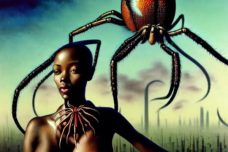 Image similar to realistic detailed photorealistic film portrait shot of a beautiful black woman with a giant spider, sci fi city landscape background by denis villeneuve, amano, yves tanguy, alphonse mucha, ernst haeckel, david lynch, edward robert hughes, roger dean, cyber necklace, dynamic pose, rich moody colours, wide angle