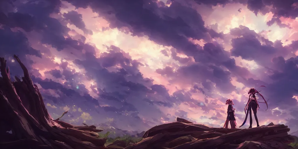 Image similar to isekai masterpiece by mandy jurgens, irina french, rachel walpole, ross tran, illya kuvshinov, and alyn spiller of an anime woman standing tree log looking up at giant crystals, high noon, cinematic, very warm colors, intense shadows, ominous clouds, anime illustration, anime screenshot composite background