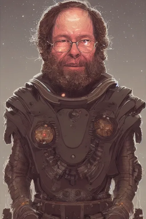 Prompt: Portrait of philosopher Peter Kropotkin with a long beard wearing futuristic power armor, sci-fi, intricate, highly detailed, digital painting, trending on artstation, sharp focus, illustration, style of Stanley Artgerm and Greg Rutkowski and Dan Mumford