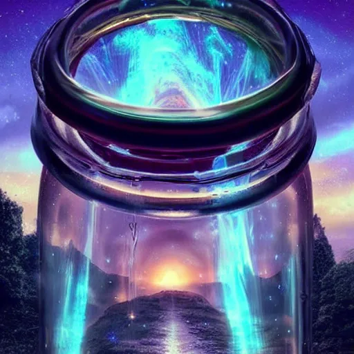 Prompt: magical staircase in a glass bottle, stunning, beautiful, breathtaking, reflections, bioluminescence, fantasy, hyper - realistic, unreal engine, pattern, fractal