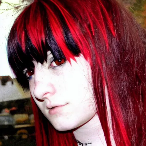 Prompt: a pale emo girl with medium messy black hair, a red streak, soft facial features, bangs covering an eye, 2 0 0 8, myspace photo