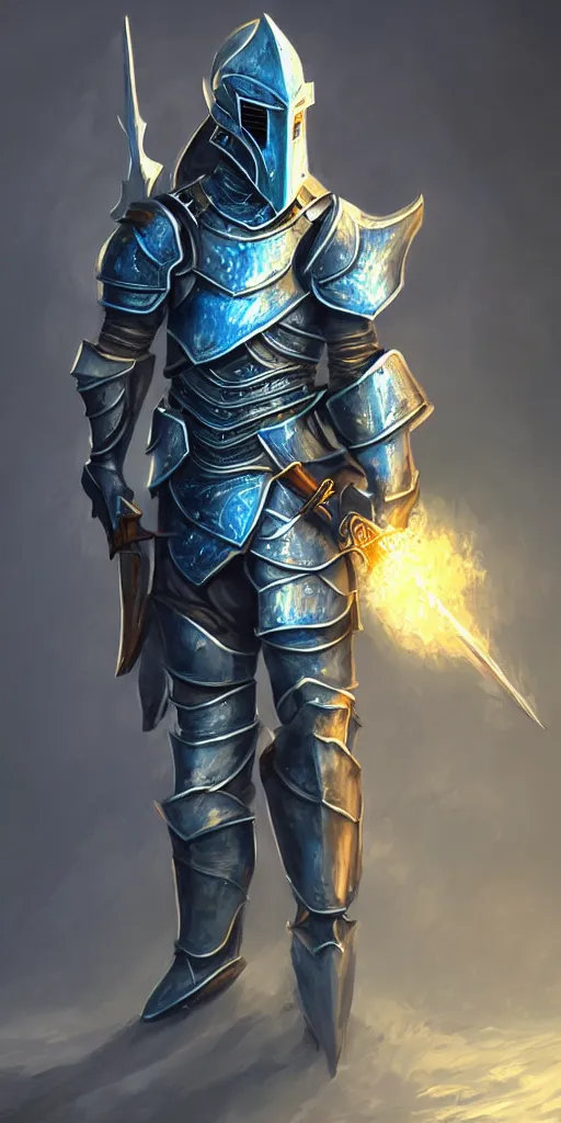 Prompt: videogame card painting of an elegant light - blue steel - plate armor artstation, rpg, digital art, vibrant background, dark souls, runescape, skyrim, final - fantasy, diablo - 3