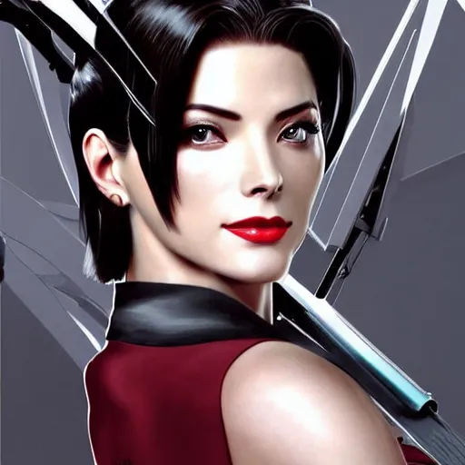 Image similar to A combination of Ada Wong's and Grace Kelly's and Ashley Greene's appearances wearing Warframe armor, high tech, action shot, angular, full body portrait, futuristic, dramatic, fantasy, intricate, elegant, highly detailed, digital painting, artstation, concept art, matte, sharp focus, illustration, 8K, art by Donato Giancola and James Gurney