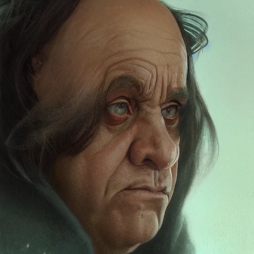 Image similar to Portrait of Danny DeVito, cloak, male, fantasy, extremely detailed, digital painting, artstation, concept art, smooth, sharp focus, illustration, stunning lighting, art by artgerm and greg rutkowski and alphonse mucha and simon stalenhag, realistic character concept, high fantasy, dark atmosphere, golden ratio, cinematic lighting, hyperdetailed, high resolution, insanely detailed and intricate, artstation, Marc Simonetti, Greg Rutkowski, 8k