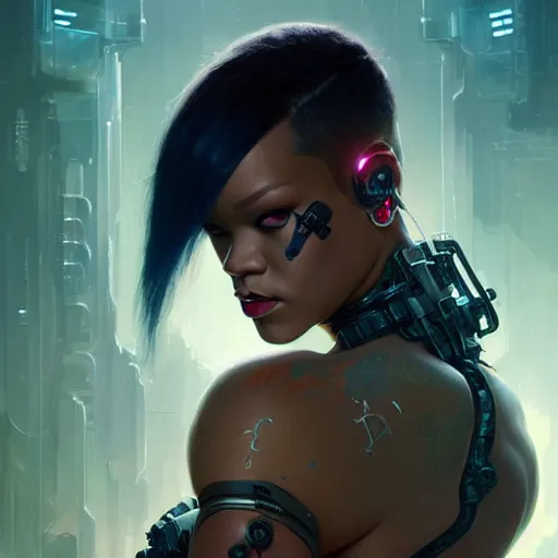 Image similar to cyborg Rihanna profile picture by Greg Rutkowski, dynamic pose, intricate, futuristic, fantasy, elegant, by Stanley Artgerm Lau, greg rutkowski, thomas kindkade, alphonse mucha, loish, norman Rockwell,