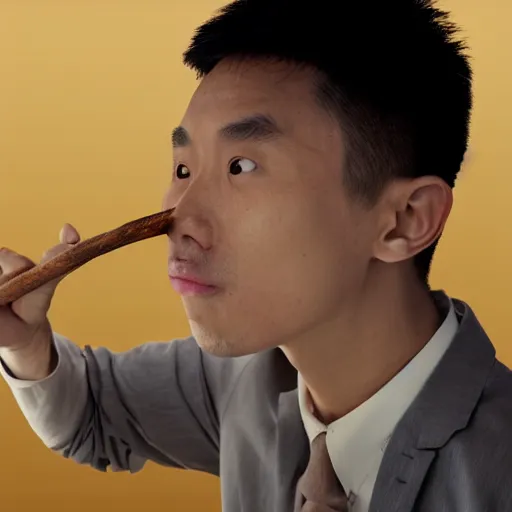 Image similar to an award winning cinematic still of surprised Justin Sun with extremely long wooden nose with leaf, 16k hyper realistic photograph, close-up professional portrait, centered, dramatic lighting