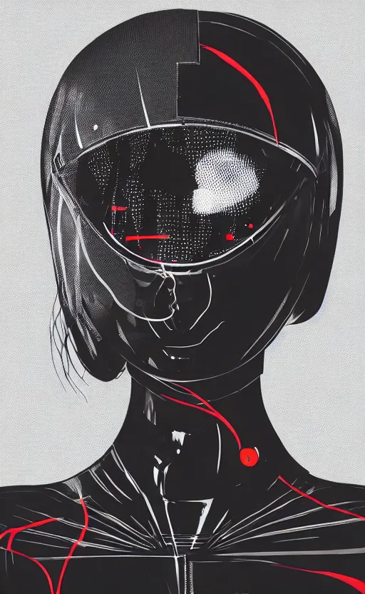 Image similar to portrait of girl wearing helmet with very tight black latex dress by Petros Afshar and Beeple, highly detailed