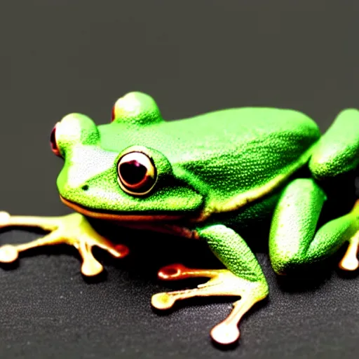 Image similar to Ordinary garden frog transforming into a human Prince with green suit and jeweled crown