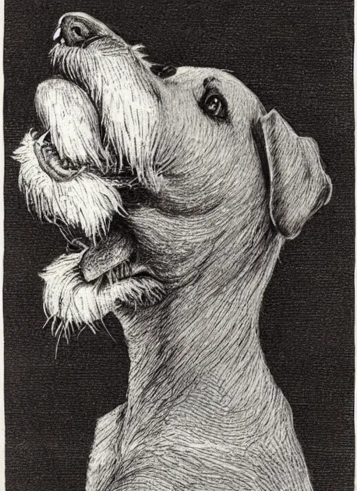 Image similar to candid portrait of jack russel dog sad mouth open, night sky, highly detailed, side view, illustrated by peggy fortnum and beatrix potter and sir john tenniel