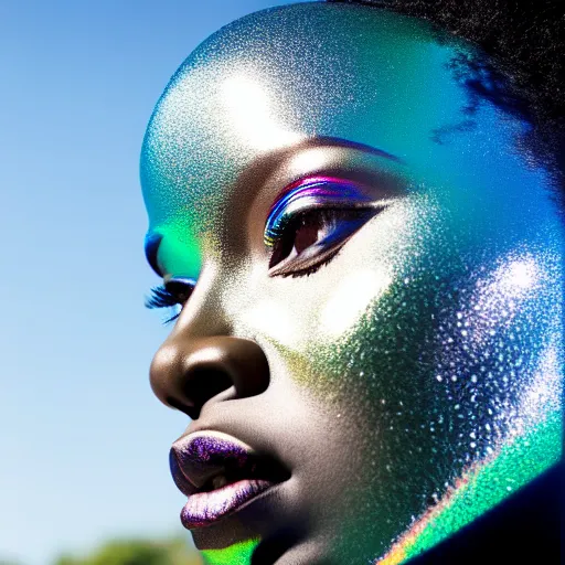 Image similar to portrait of iridescent metallic face, african woman, reflections, smooth, proud looking away, outdoor, blue sky, nature, 8 k, realistic, depth of field, highly detailed, award winning photography,