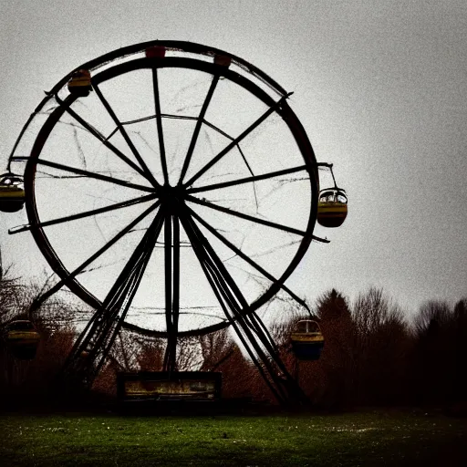 Prompt: an old abandoned rusty ferris wheel, in a town filled with pale yellow mist. Dystopian. Award-winning photo. Sigma 40mm f/1.4 DG HSM