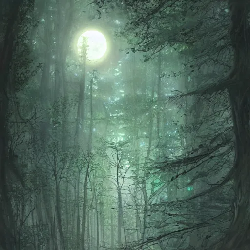 Prompt: glowing tree, green forest, white moon, establishing shot, extremly high detail, photo-realistic, cinematic lighting, pen and ink, intricate line drawings, by Yoshitaka Amano, Ruan Jia, Kentaro Miura, Artgerm, post processed, concept art, artstation, matte painting, style by eddie mendoza, raphael lacoste, alex ross