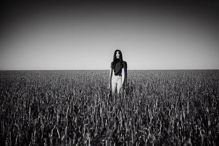 Prompt: model with detailed clear face alone in a field, a high contrast hyper detailed black and white studio portrait photo, shot in area x from the movie annihilation, by beau brashares, pinhole photography