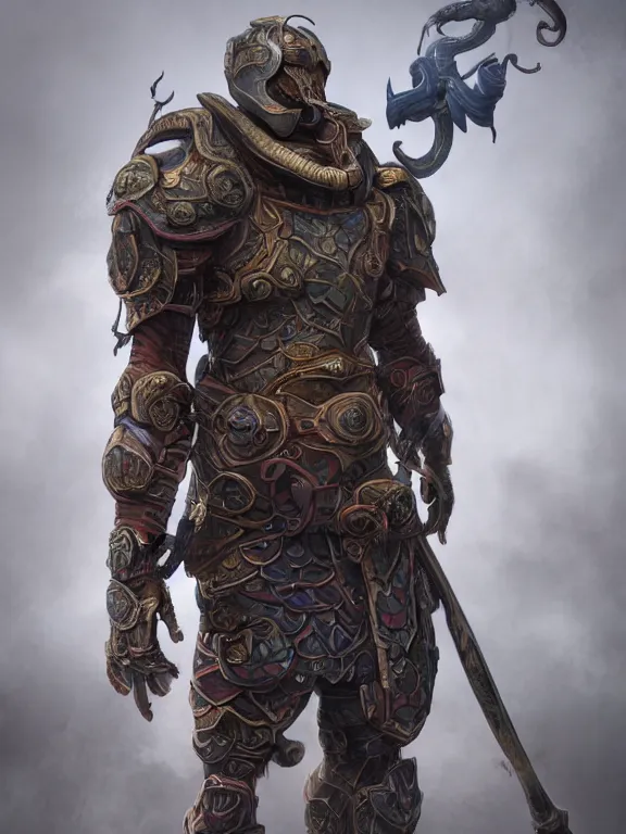 Prompt: full body frontview portrait of single stoic warrior with octopus armour, character study, designed in blender, 4 k hd, octane render, intricate and highly detailed, coloured with lots of colour, cinematic, posing,