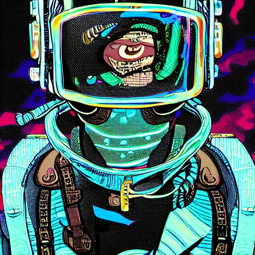 Image similar to in the style of bubbltek and josan gonzalez close up of a smiling young explorer wearing a cyberpunk headpiece, highly detailed, intricate details, 8k wallpaper