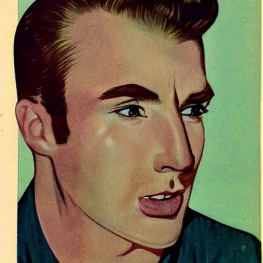 Image similar to “Chris Evans portrait, color vintage magazine illustration 1950”