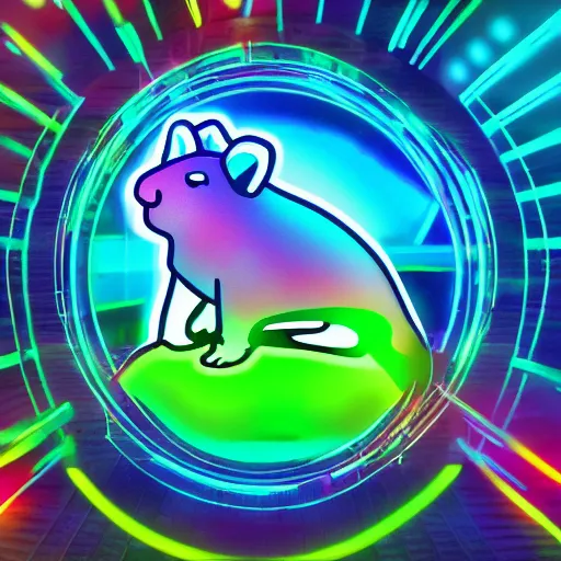 Image similar to rainbow hamster!! in a cyberpunk! city, neon lights, light reflection, logo, 8 k, hd