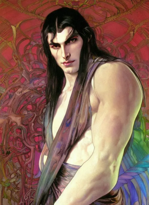 Image similar to a tall, muscular man with dark hair and pale skin. he is wearing a white royal robe. i'm the background, rainbow colors swirl around him. chromatic light. portrait painting by artgerm and greg rutkowski and alphonse mucha.