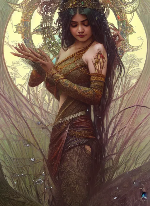 Image similar to kuntilanak on tree, d & d, wet, shiny, fantasy, intricate, elegant, higly detailed, dramatically art, ultra definition, digital painting, artstation, concept art, smooth, sharp focus, illustration, art by artgerm and greg rutkowski and alphonse mucha and garis edelweiss and alex flores