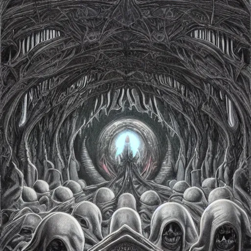 Prompt: a dark cabal of hooded elven mystics gathered in a circular formation around highly advanced alien computer technology processing the souls of the dead, dan seagrave art, michael whelan