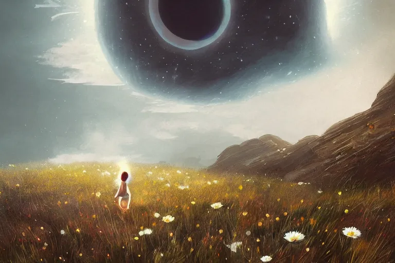 Image similar to giant white daisy flower as face, girl jumping on cliff, surreal photography, solar eclipse, milky way, dramatic light, impressionist painting, clouds, digital painting, artstation, james gilleard, liam wong, jeremy mann, simon stalenhag