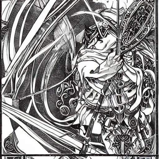 Image similar to highly detailed perspective magic sword drawing black and white goetic pen and ink manga panel by hiroya oku!! mucha sword concept art design still life