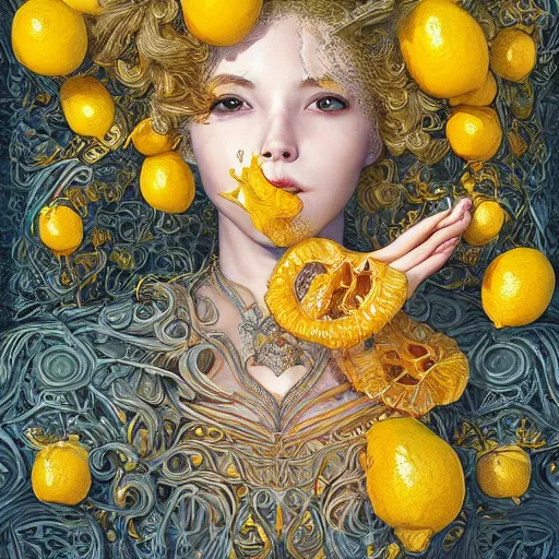 Image similar to the portrait of an absurdly beautiful, graceful, elegant, sophisticated, mature vixen made up of lemons looking up, an ultrafine hyperdetailed illustration by kim jung gi, irakli nadar, intricate linework, bright colors, octopath traveler, final fantasy, unreal engine 5 highly rendered, global illumination, radiant light, detailed and intricate environment